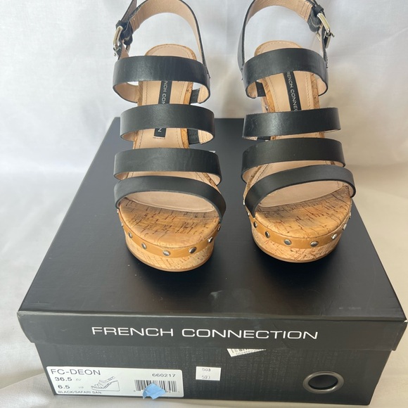 French Connection Black and Tan Wedge Sandals with Cork Heel - Picture 3 of 6